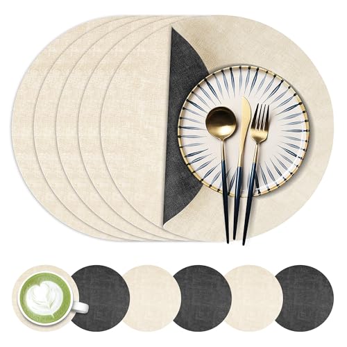 13-Inch Faux Leather Round Placemats Set of 6, Waterproof Anti-Slip Dual Sided Place mats, Heat Resistant Washable Table Mats with Coaster, Suitable for Indoor & Outdoor (6, Black Beige)