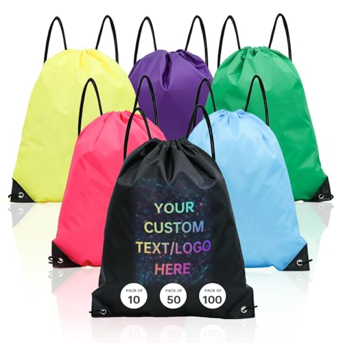 Custom Drawstring Backpacks bags 10/50/100/200Pack,Promotional Items With Your Logo, bulk personalized Logo Text,Great for Travelling, Gym and for Everyday Use