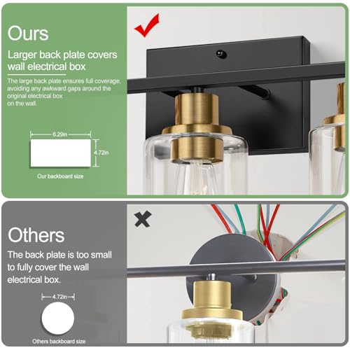 Image of Indoi 3-Light Bathroom Light Fixtures, Black and Gold Modern Vanity Lights with Clear Glass Shades, Bathroom Wall Lamp for Mirror Living Room Cabinet Bedroom Porch
