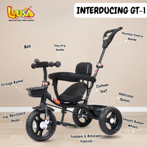 Image of Luusa GT-1 Kids Tricycle with Parental Control Handle, Safety Guard Rail & Cushioned Seat | Plug & Play Baby Trike for Boys & Girls (1 to 4 Years) | Up to 25 kg Load Capacity | Made in India | Black Edition