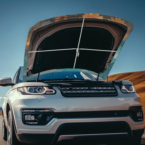 Image of Highland Cow Car Hood Cover, Rural Sunflower Field Elastic Auto Hood Protector Stretchable Polyester, Farm Diary Cattle Car Bonnet All-Season Protection