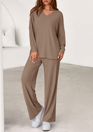 PRETTYGARDEN 2 Piece Lounge Sets for Women Fall Outfits 2025 Casual Loose Long Sleeve Tops Wide Leg Pants Matching Pajama Set