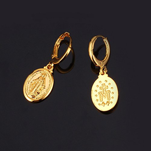 U7 Women Ear Fashion Jewelry 18K Gold Plated Miraculous Medal Virgin Mary Drop Earrings #TOP3
