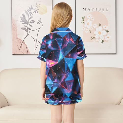 Satin Pajama Sets Short Sleeve Abstract Structure Pattern Button Down Silky Nightwear 2 Piece PJS 5-14Y4