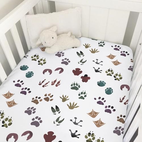 Image of Woodland Animals Tracks Baby Crib Sheets 52''x28'' Forest Animals Footprint Snug Fitted Crib Mattress Cover for Boy Girl Wild Animals Soft Baby Bed Sheets for Standard Crib and Toddler Mattresses