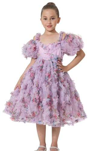 2Bunnies Girls' Tiered 3D Floral Ruffled Tulle Off Shoulder Puff Sleeve Sweetheart Neckline Dress