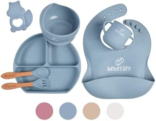 Baby Weaning Set by Bebefant, Suction Bowl, Suction Plate Baby, Cup, Adjustable Bib with Pocket, Bamboo Fork & Spoon for Baby Led Weaning, Baby Feeding Set (Blue)