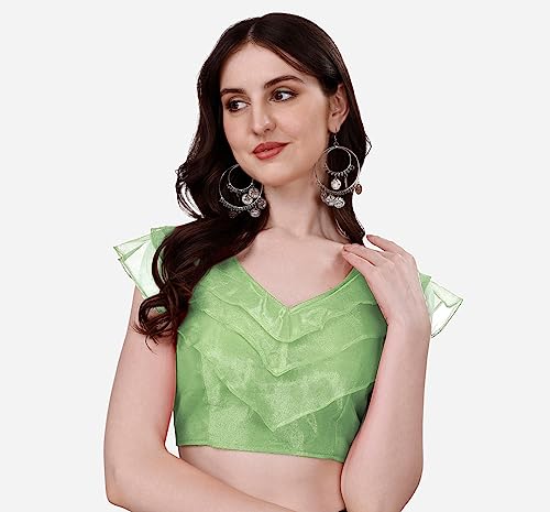 Image of Pujia Mills Women's V Neck Orgenza Three Layer Ruffle Sleeve Frill Readymade Saree Blouse