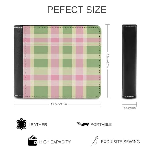 Green Pink Plaid Bifold Wallet PU Leather Front Pocket Slim Credit Card Holder Coin Purse for Women Men2