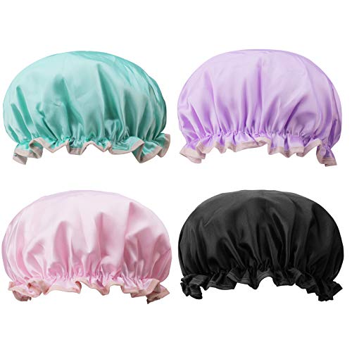 FREATECH Gorro Ducha Reutilizable de Doble Capa, Capa Exterior de Satén Sedoso y Brillante, Capa Interior de EVA Impermeable Gruesa, Banda Elástica Plana para Mayor Comodidad y Menos Presión, 4 Piezas