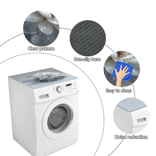 Image of Washer Dryer Top Cover Mat, Non-Slip Laundry Room Decor, Laundry Room Kitchen Appliance Decor Protector Universal 23.6 inchx19.7 inch (White Flower)