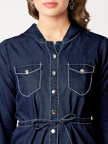 Image of Miss Chase Women's Polo Neck Full Sleeves Patch Pocket Denim Overcoat Knee-Length Jacket