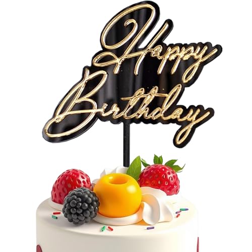 Happy Birthday Cake Topper – Acrylic Mirror Decoration for Birthday Party Cake & Dessert Decoration Supplies，Black & Gold