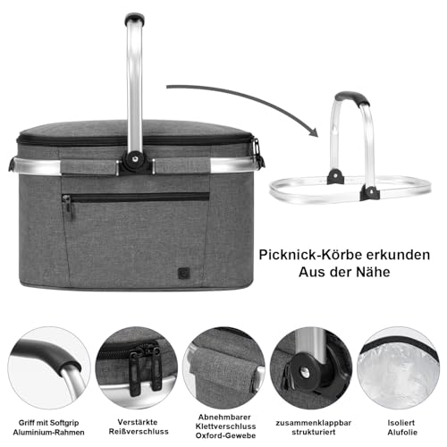 ALLCAMP Faltbar Isoliert Kühltasche - Einkaufskorb Thermo Mit Deckel, Abnehmbarer Picknickkorb 2 Personen, Aluminiumrahmen Kühlkorb, Verdicken Thermokorb