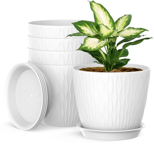 Homeuouz Lot de 5 pots de fleurs avec système d'irrigation, 17,8 cm, avec système d'irrigation, cache-pot avec soucoupe, idéal pour l'intérieur et les...