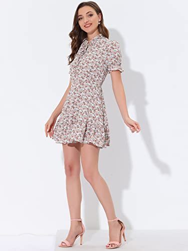 Image of Allegra K Womens Floral Chiffon Mini Dress Ruffle Hem Puff Short Sleeve | Ruffled Tie Neck, Summer Style, Sweet and Chic for Vacation Beach Wear