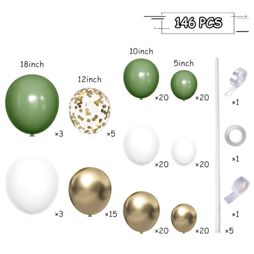 Image of MEBAY Green White Gold Balloon Arch Kit, 146Pcs Avocado Green Metallic Chrome Gold Confetti and White Latex Balloons for Wedding Birthday Baby Shower Decoration