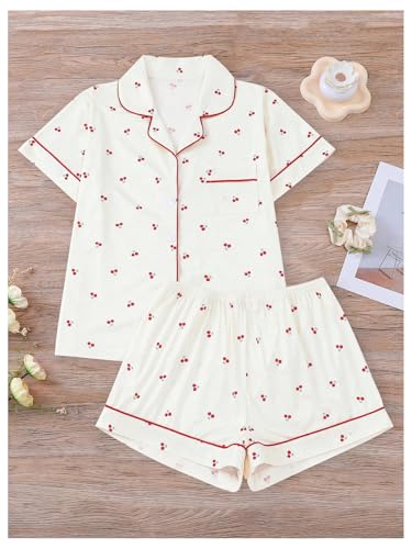 Image of BEAUDRM Women's Two Piece Pajama Sets Allover Print Short Sleeve Sleepwear Button Down Shirt and Bow Shorts Pj Set Loungewear