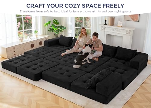 Image of MAXYOYO Modular Sectional Sofa Couch, Foldable U Shaped Cloud Couch with Pillows, Tufted 7-Seat Boneless Lounger Floor Sofa Bed for Living Room, No Assembly Required, Black