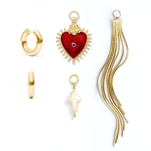 14K Gold Huggie Hoop Earrings for Women with 3 Charms - Baroque Pearl, Heart & Chain Dangles, Hypoallergenic Gift Set