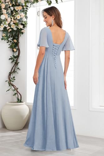 BONOYUER Chiffon Mother of The Bride Dresses for Women with Sleeves V Neck Beaded Formal Wedding Guest Dress3