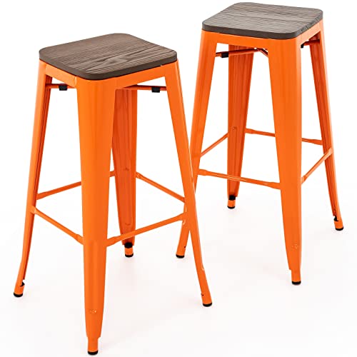 Brage Living 30 Inch Metal Bar Stools With Square Wood Seat Top, Backless Stackable Industrial Barstools Set Of 2 (Orange) #TOP8