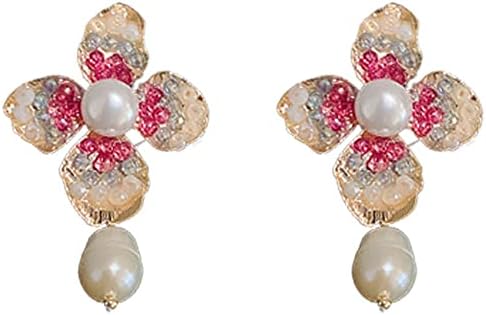 Flower Pearl Stud Earrings Dangle for Women Trendy, Rhinestone Statement Earrings, Hypoallergenic Earrings Gift for Her