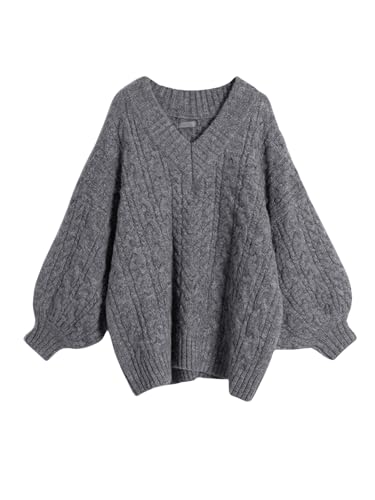 SOLY HUX Women's Plus Size V Neck Sweater Drop Shoulder Bishop Long Sleeve Cable Knit Pullover Tops