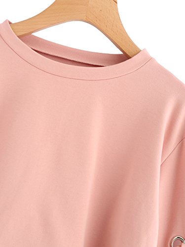 SweatyRocks Women's Casual Lace up Long Sleeve Pullover Crop Top Sweatshirt (Large, Pink#1)