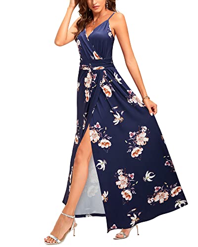 Image of Newshows Women's Summer 2025 Trendy Dress Beach Vacation V Neck Spaghetti Strap Sleeveless Casual Split Wear to Work Long Maxi Dress (Dark Blue Floral White, Small)