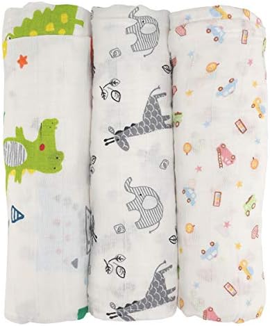 Tasera Muslin Swaddle Blankets, Unisex 100% Organic Cotton for Baby,Set of 3,Large 47x43 inches Soft Swaddling Receiving Sleep Blankets,Perfect for Boys and Girls (Fish)