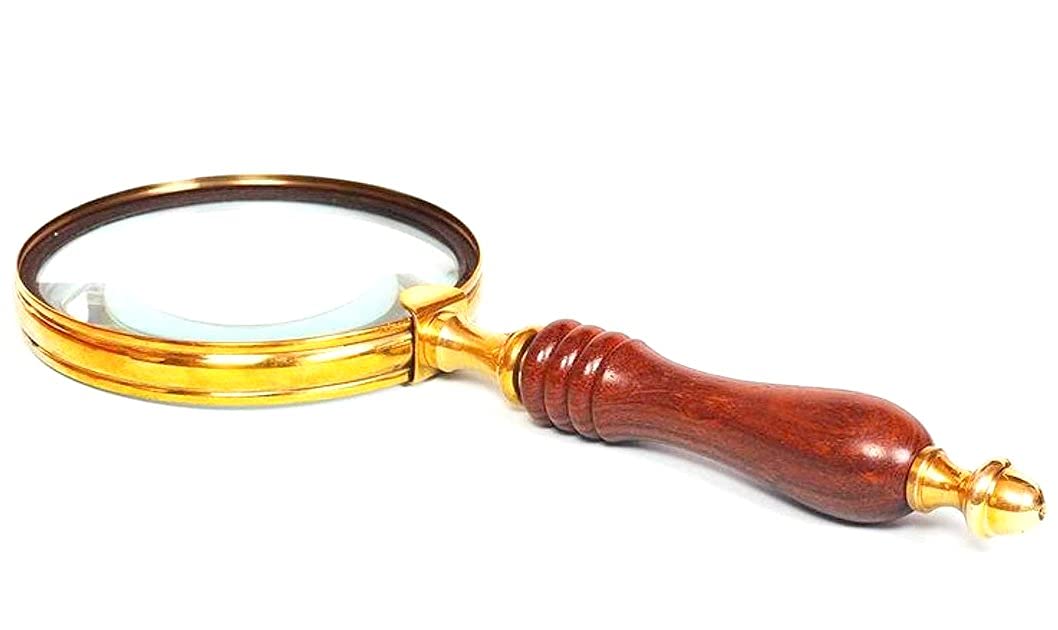 Vintage Brass Handmade Nautical 4 inch Diameter Brass Magnifier Rose Wood Handle Magnifying Glass Collectible Item
