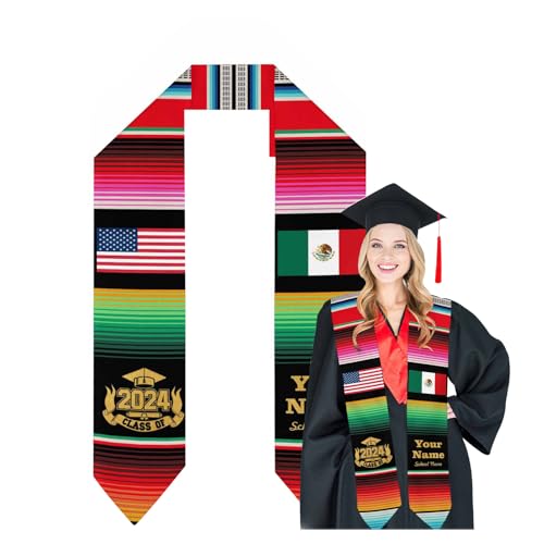 HTAPCHLY Personalized Mexico American Flag Graduation Stoles Class of 2024,Custom Graduation Gifts for International High School College Students