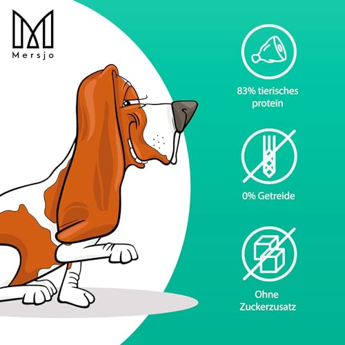 MERSJO Hundeleckerli - 83% Hoher Fleischanteil, Keine Zusatzstoffe, Getreide- und Zuckerfrei, Leckereien für Hunde zur täglichen Ergänzung, Natürliche Kauhilfe, Ente und Reis Kabanos, 500g