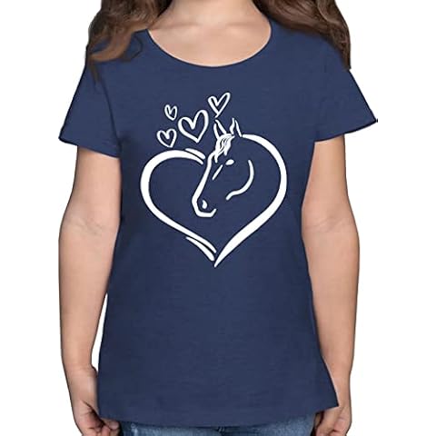 T-Shirt Mädchen - Pferde Pferd - Pferdeportrait im Herz - 164 - Dunkelblau Meliert - pferdemotiv Shirt reitshirt reitshirt Cover