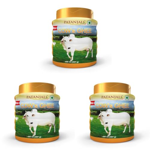 Image of Patanjali Cow Ghee Jar 450ml - Pure Danedar Rich Aroma Gau Ghrita Cow Milk Ghee | Suitable for Cooking Sweets & Daily Use | No Additives (Pack of 3)