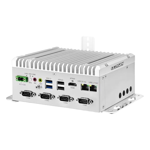 Glovary F1 Industriel Fanless Mini PC J6412 (4C4T, up to 2.6GHz), Micro Ordinateur Din Rail, Barebone, 2 x Gigabit LAN, 4 x RS232 COM, 4K HD, 2USB3.2, 9-36V Auto Power on