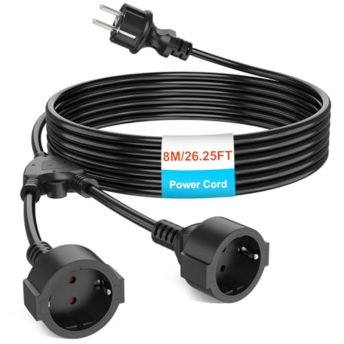 Verl&auml;ngerungskabel mit 2 Schuko Steckdosen, Verl&auml;ngerungskabel 8M, Ber&uuml;hrungsschutz f&uuml;r Innen, IP20, 1mm&sup2;, 250 V, 16 A, 3680 W - Schwarz
