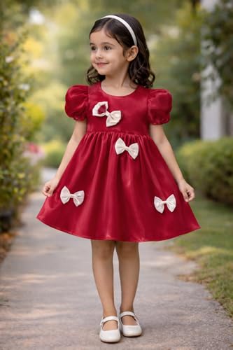 Image of Buy & Try Girls Silk Party Dress, Floral Printed Knee Length Frock with Short Sleeves, Comfortable Fit & Zipper Closure, Elegant Birthday, Wedding, Festival & Special Occasion Wear for Kids