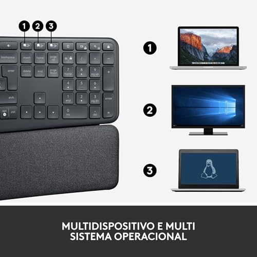 Teclado sem fio Logitech ERGO K860 com Layout de Teclado Dividido, Suporte para Descanso de Pulso, T