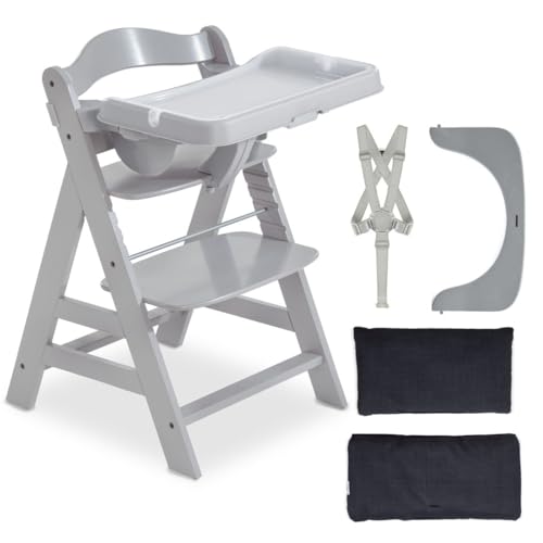 hauck Hochstuhl Alpha+ mit Essbrett Alpha Tray und Sitzpolster - Mitwachsender Babystuhl aus Holz, Kinderhochstuhl ab 6 Monate, verstellbar - Grau