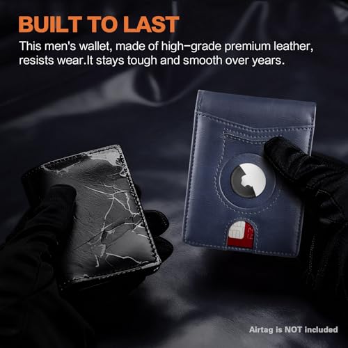 Image of Wallet for Men Slim RFID Blocking Bifold Carbon Fiber,Minimalist Small Compact Front Pocket Credit Card Holder,Thin Mens Leather Wallets Smart Security With 2 ID windows 1 Cash (Oil Wax Blue)
