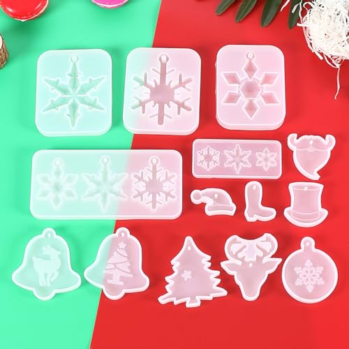 BDSHUNBF 14 Pcs Christmas Moulds - Epoxy Resin & Silicone DIY Xmas Pendent Hanging Ornaments Tree Snowflakes Elk Bell Gift Decoration - Image 4