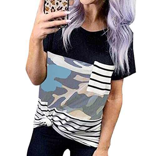 FRZY Camiseta de verano para mujer, poliéster suave, estampado personalizado, empalme, corte suelto, cuello redondo, bolsillo informal, camiseta de manga corta para mujer para la vida diaria M