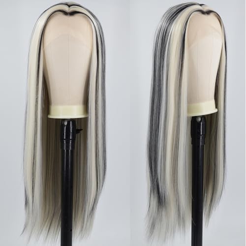 ZHYWIGS Black Highlight White Lace Front Wig Long Straight Skunk Stripe Synthetic Wigs for Cosplay Halloween