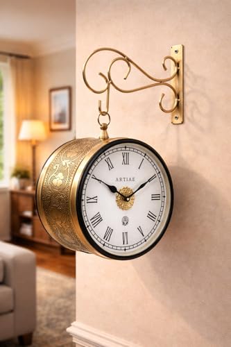 Image of Handcrafted Double Side Metal Analog Vintage Wall Clock | 1.5 Year Machine Warranty | 8 INCHES | 1 Side Number 1 Side Roman,Color L-Golden