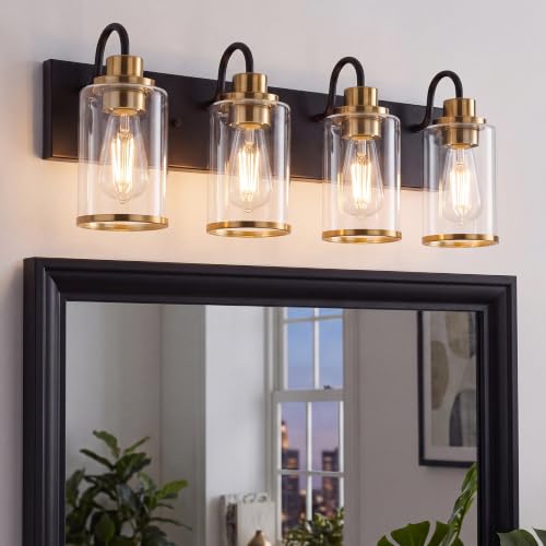 Image of Beionxii 4 Light Bathroom Light Fixtures, Blac and Gold Vanity Lights with Clear Glass Shades, Vanity Lights Over Mirror, Wall Sconces for Kitchen Living Room Hallway Cabinet Porch, BX-VL01BKG-4CG