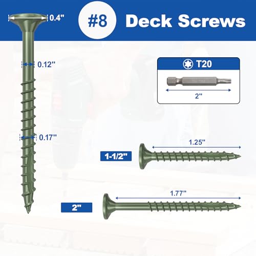 Image of #8 x 1-1 /2 inch Deck Screws, 250Pcs Star Drive Wood Screws, Rust Resistant Timber Screws for Timber /Log /Landscaping Wood, T20 Star Bit Included, Green