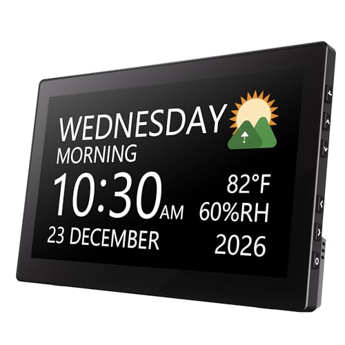 Raynic Digital Clock, Large Display Calendar Clock with 12 Themes, 20 Alarms, 20 Reminders, Auto Dimming, 12/24 Hours, Indoor Temperature, Humidity for Seniors, Desk