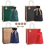 FINGOOO ラッピング袋 プレゼント用 8枚セット 巾着袋&紙袋 リボン付き ギフトバッグ らっひんぐ 包装 中 大 おしゃれ 無地 誕生日 クリスマス お祝い バレンタイン 結婚式 記念日 卒業 入学 (黒赤緑青8枚)